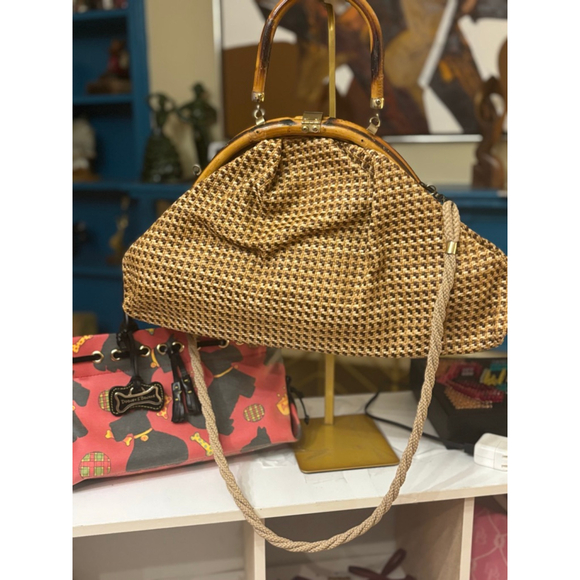 Vintage Delli Beige Brown Woven Bamboo Handle One Size Shoulder Bag - Picture 2 of 11